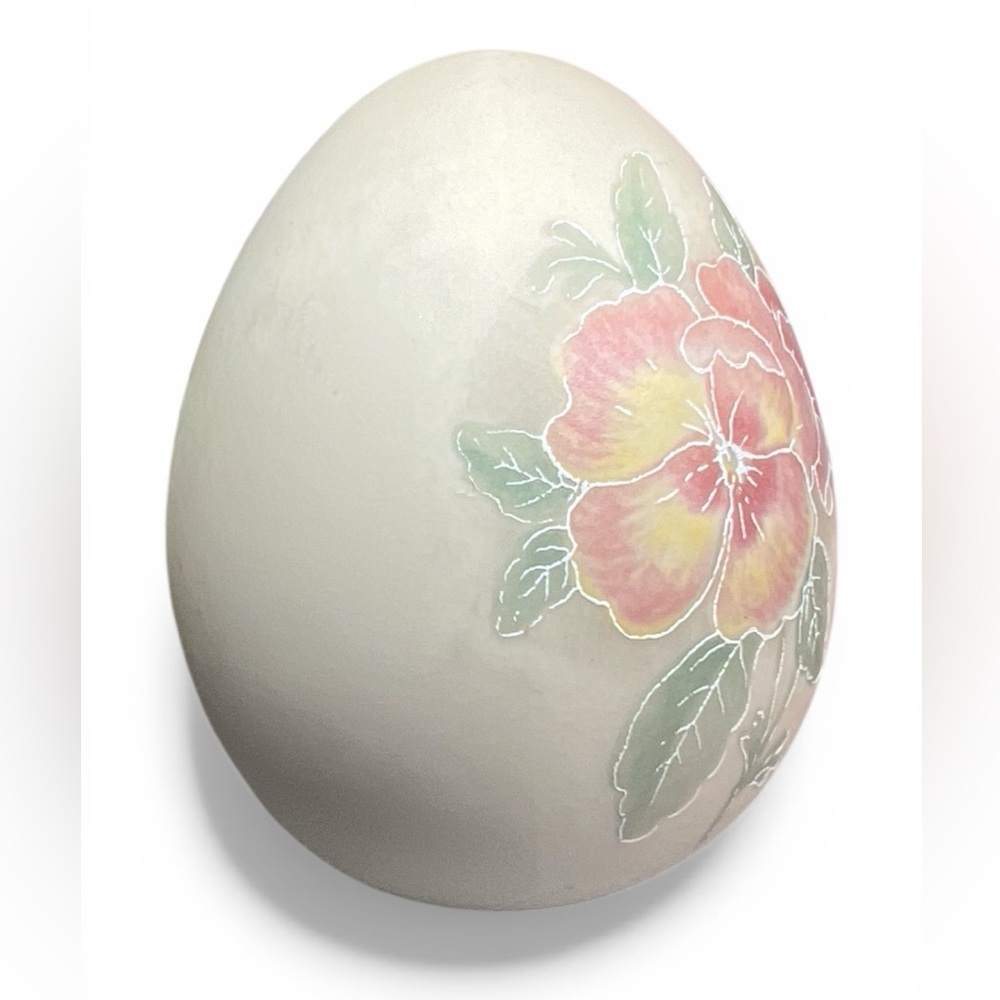 Bisque PorcelainHand-Painted Floral Egg Art in Pink and Green Hibiscus - Picture 2 of 3